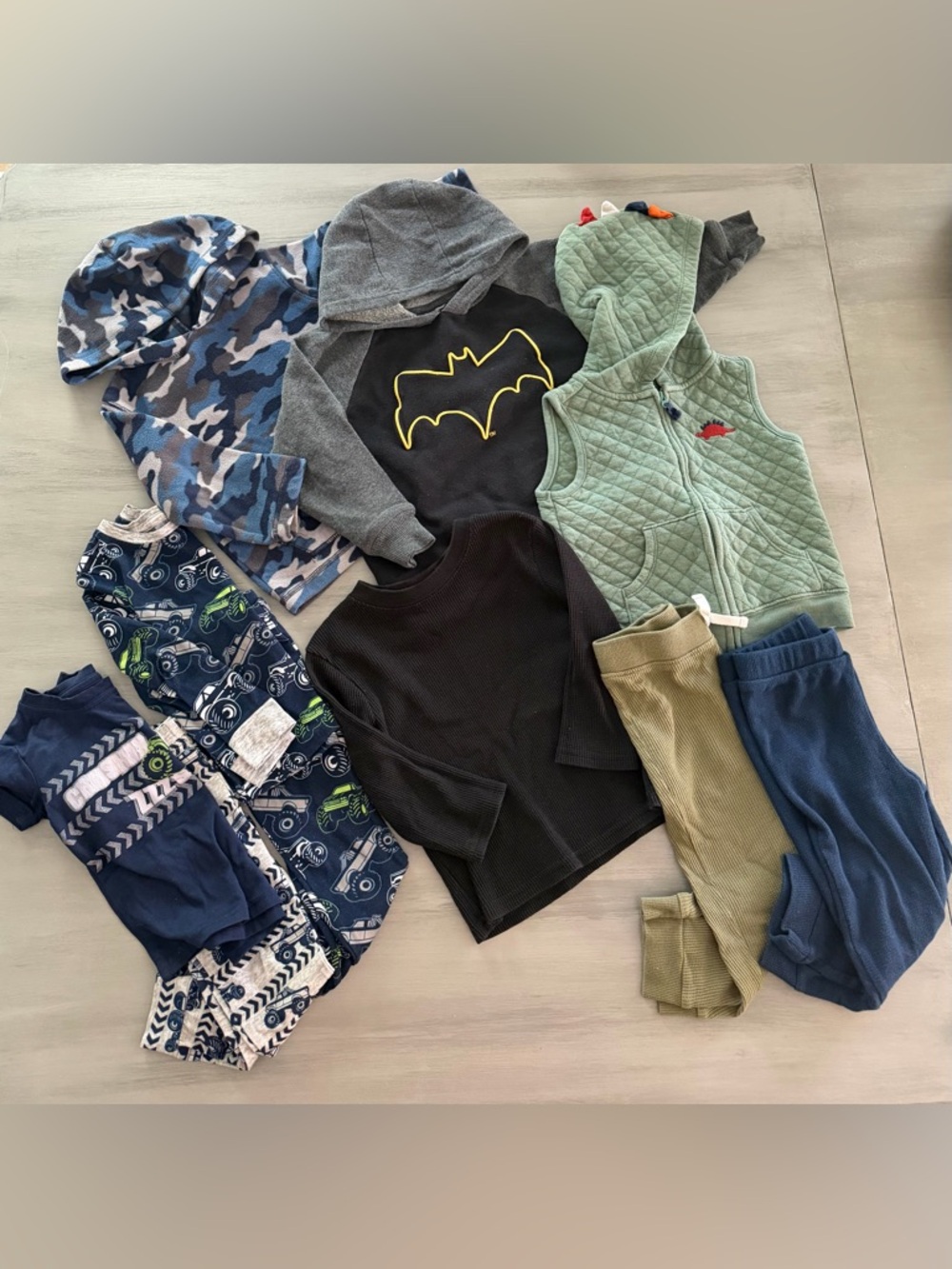 Toddler Boy 24 M Winter Lot PJ, Pants, Shirt. Monster Trucks, Camo, Batman, Dino